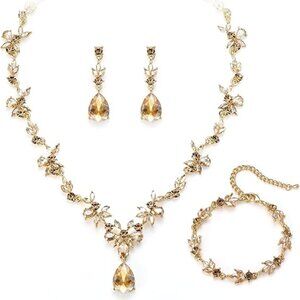 Y-Necklace Tennis Bracelet Dangle Earrings Crystal Teardrop Cluster for Bridal